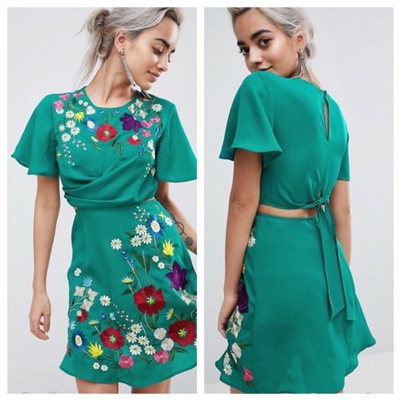 ASOS Dresses & Skirts - ASOS Embroidered Cut Out Tea Dress In Green